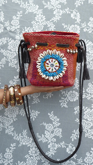 The Red Kantha Embroidered Potli | Multicolored Hand Emroidered Potli