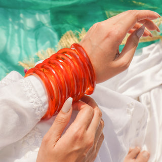Sunehri | Orange Glass Bangle Pair with Crystal Cuts