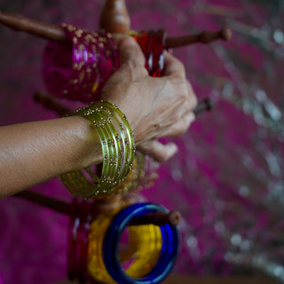 Sukusum | Green Stone Studded Glass Bangles (Set of 12) | Kanchan 2024