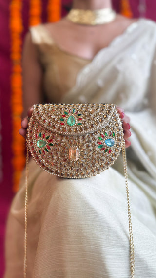 The Rangnoor Gold Hued Clutch | Handcrafted Brass Mirrorwork Clutch