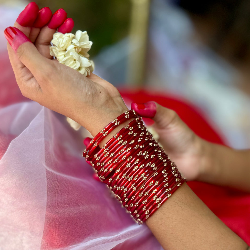 Savitri Red Stone Studded Glass Bangles (Set of 12)