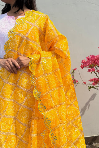 Kanchan Peela | Yellow Kota Doria Mirror Work Dupatta
