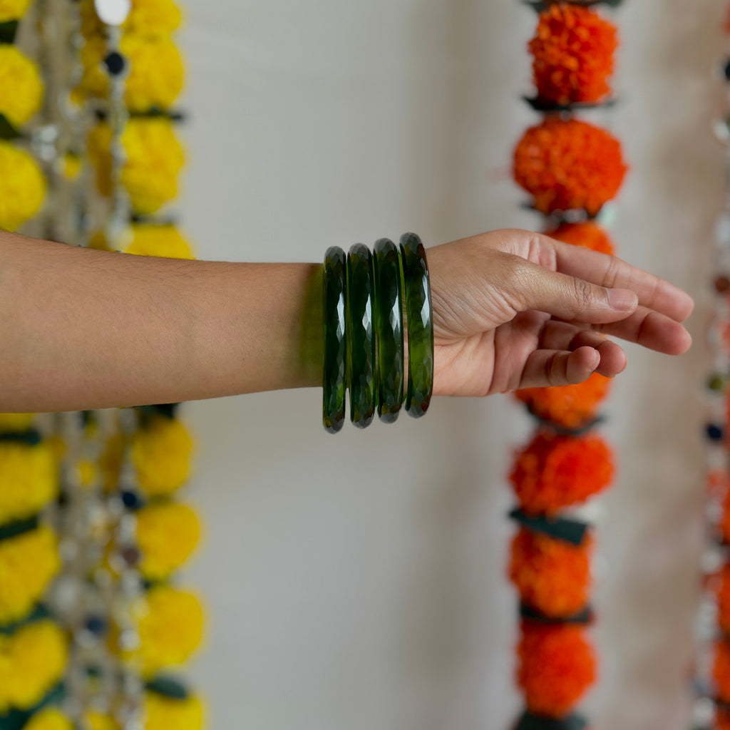 Hariyali Green Glass Bangle Pair with Crystal Cuts