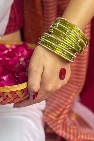 The Shobhita Stack | Green Stone Studded & Pearl Bangles