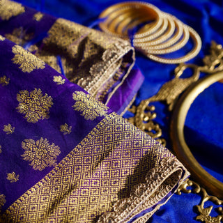 Violet Banarsi Style Dupatta with Golden Zari Border | Warq October'24