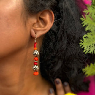 Toma | Red & Orange Patwa Thread Work Earrings with Motif Metal Beads | JanpathOnline Tiraz November'24