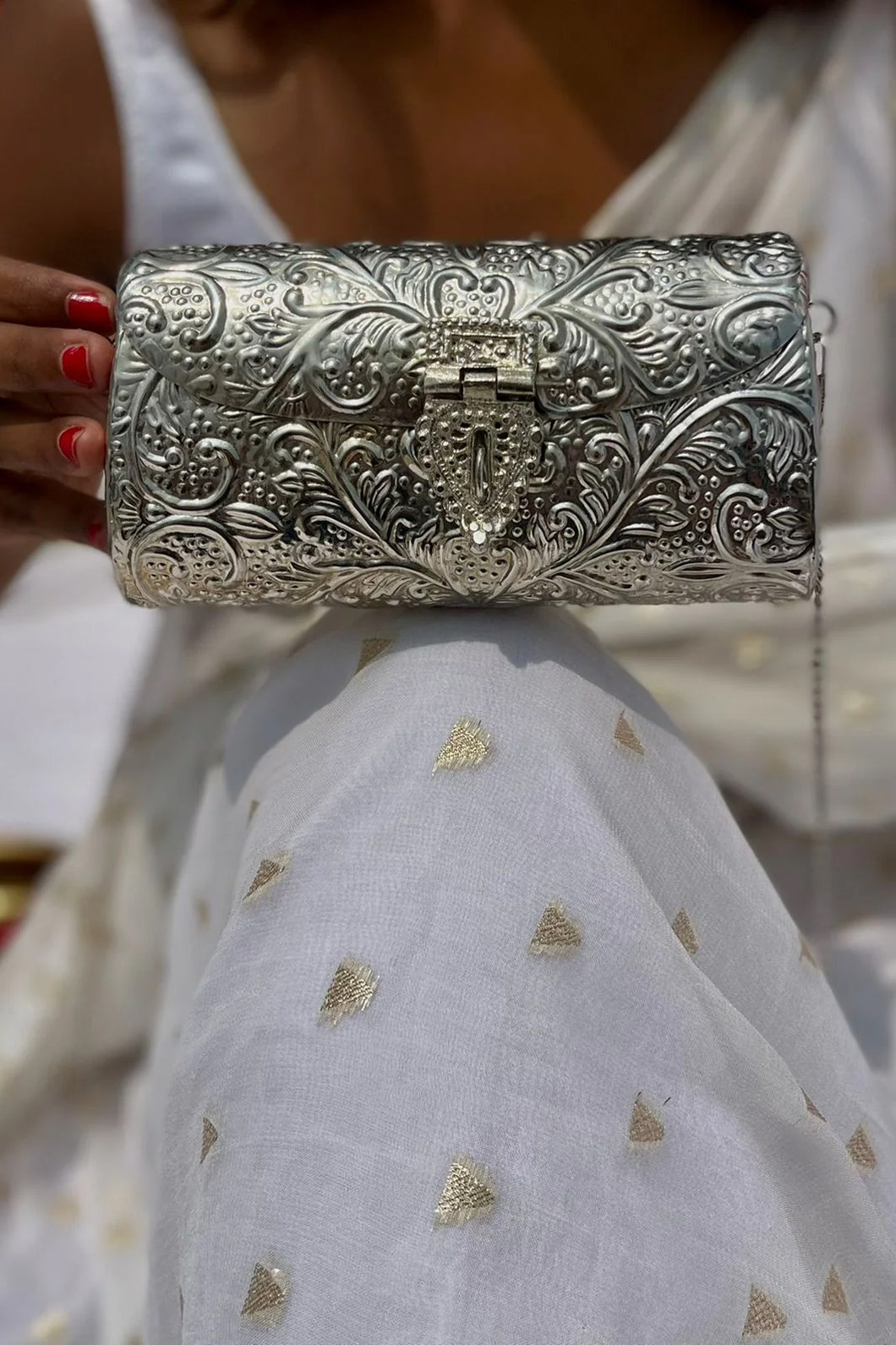 Raja Kumari Wearing Metallic Sling Minaudiere Bag In Cosmic Chrome –  Outhouse Jewellery