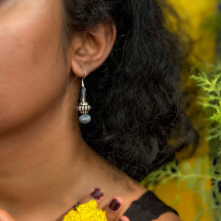 Seleti Boond Jhumka | Grey Patwa Thread Work Earrings with Metal Bead | JanpathOnline Tiraz November'24