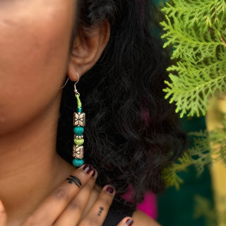 Ropa | Green Patwa Thread Work Earrings with Drop Metal Beads | JanpathOnline Tiraz November'24