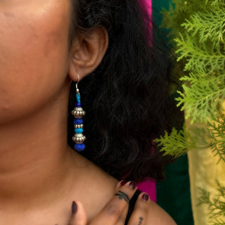 Pokhra | Blue Patwa Thread Work Earrings with Metal Beads | JanpathOnline Tiraz November'24