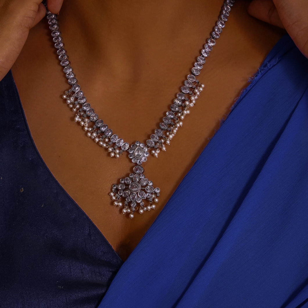Padmini | Heritage Stone Work Pearl Drop Long Necklace Set | Shaam Rangeen
