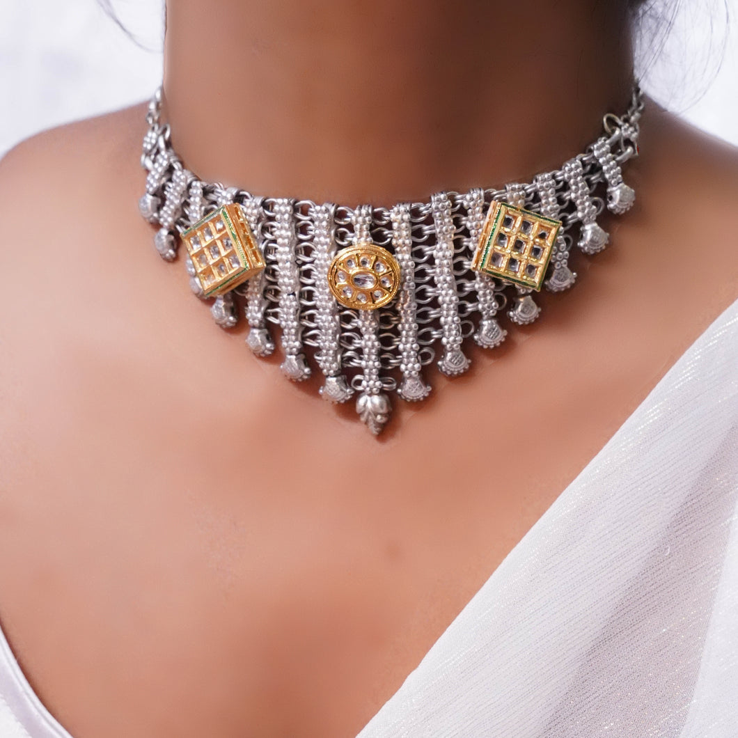 Chandrika | White Metal Choker laden with Polki and Kundan work  | Mukhtalif
