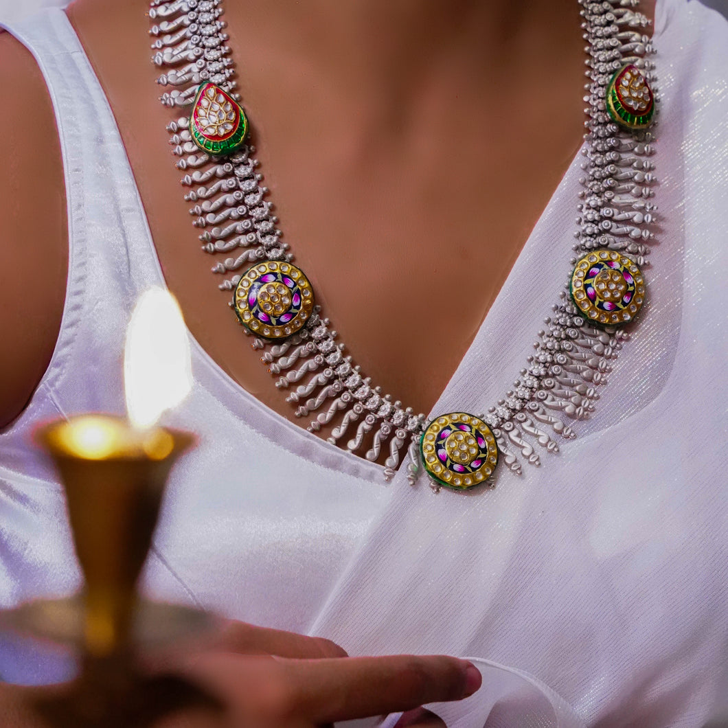 Indira | White Metal Necklaces laden with Polki and Kundan work l Mukhtalif