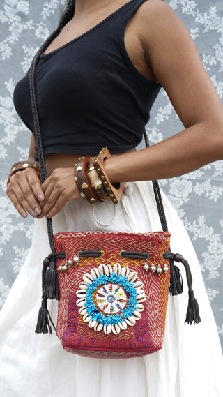 The Red Kantha Embroidered Potli | Multicolored Hand Emroidered Potli