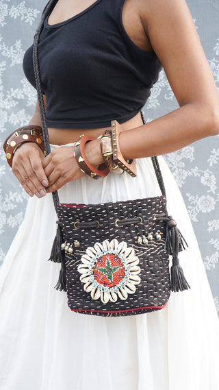 The Black Embroidered Kantha Potli | Multicolored Hand Emroidered Potli