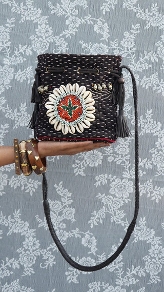 The Black Embroidered Kantha Potli | Multicolored Hand Emroidered Potli