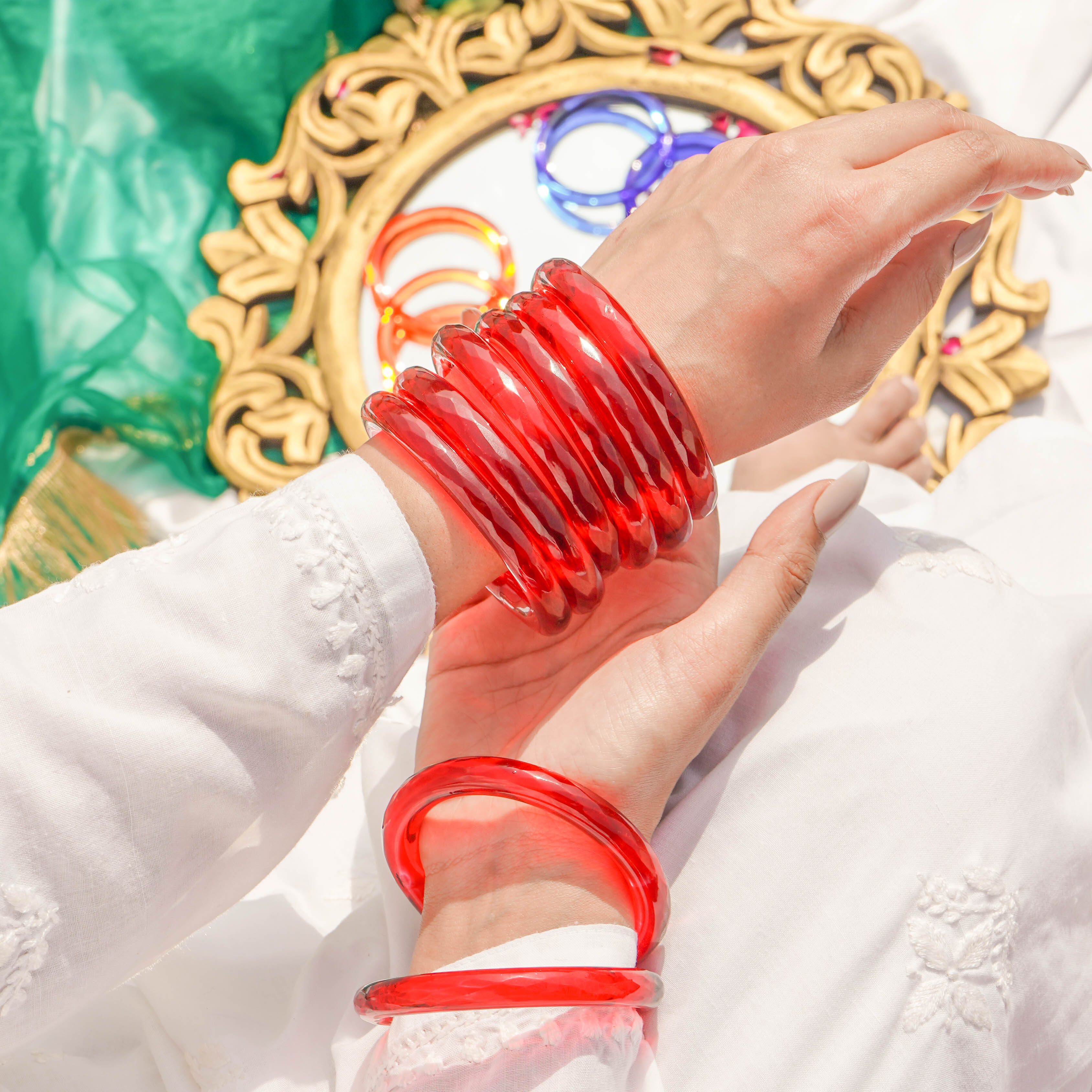 Anarkali Red Glass Bangle Pair with Crystal Cuts –