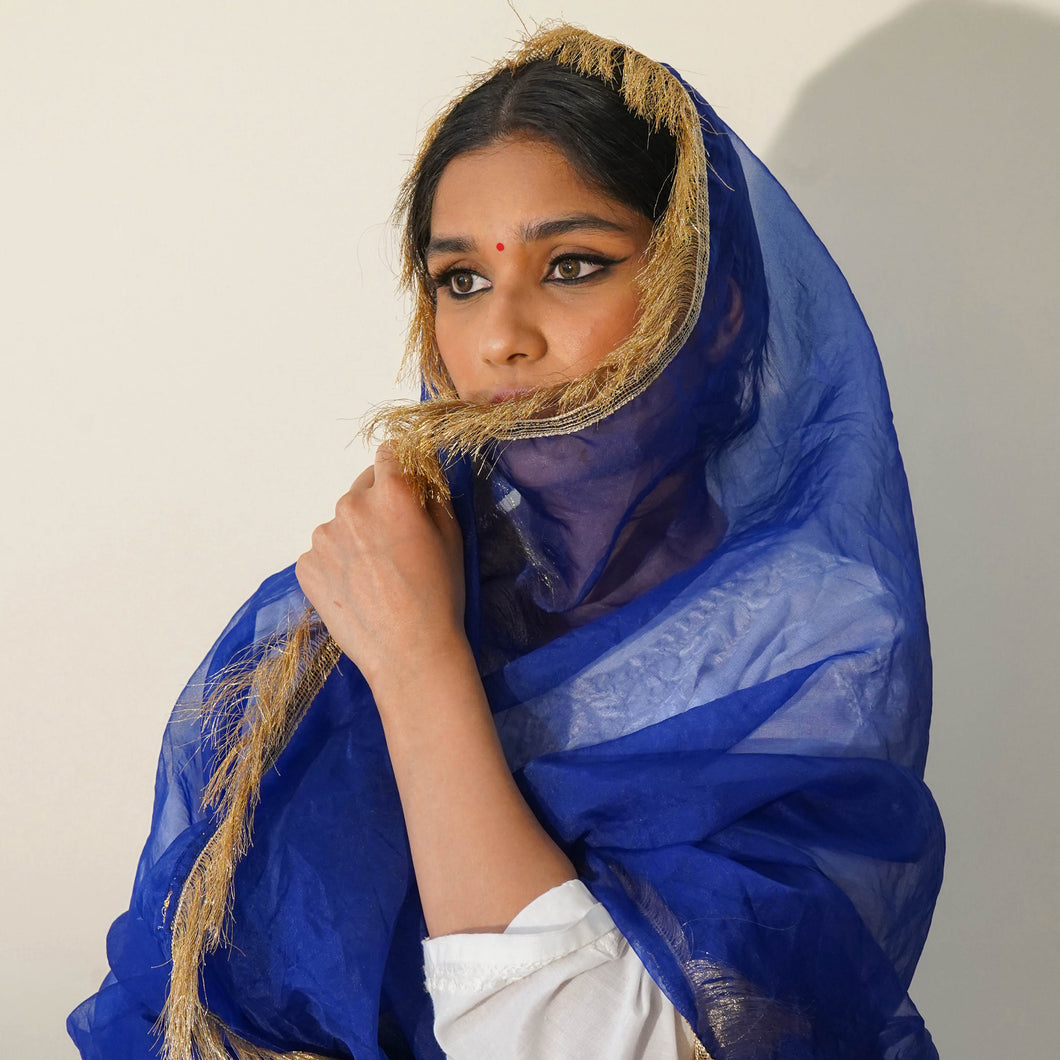 Rani Neelam Dupatta | Blue Tissue Dupatta with Golden Zari | Kinari 2024