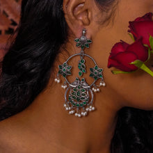 Load image into Gallery viewer, Meenakshi | Stone Work Floral Pearl Jhumka Style Earrings | Shaam Rangeen
