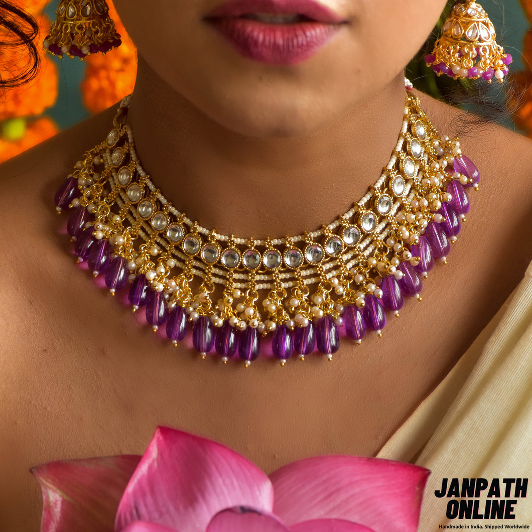 Nayanthara | Golden Purple Stonwork Choker Set | Abhushanam