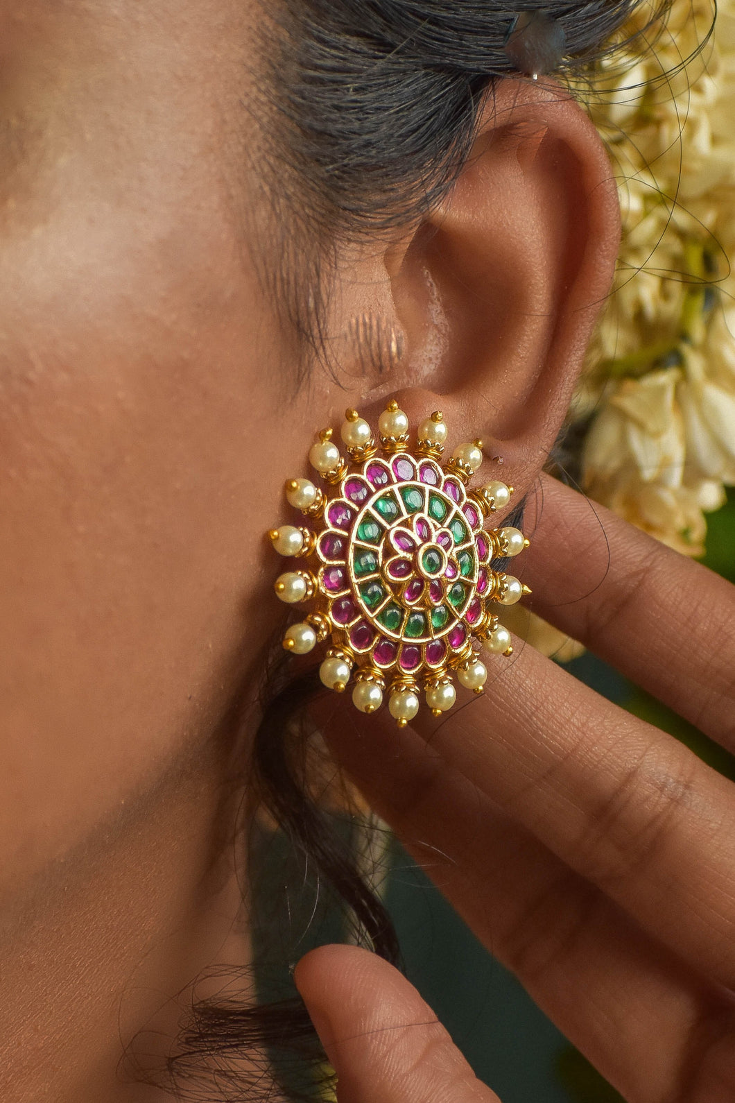 Diya | Red & Green Stonework Earrings | Abhushanam