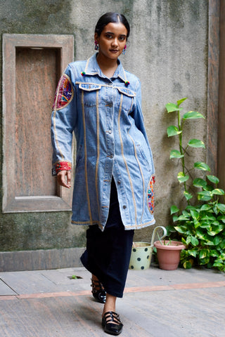 Two Patchwork Moons Zari Denim Jacket | Durga Pujo & Navratri Special Hasrat Gully Drop