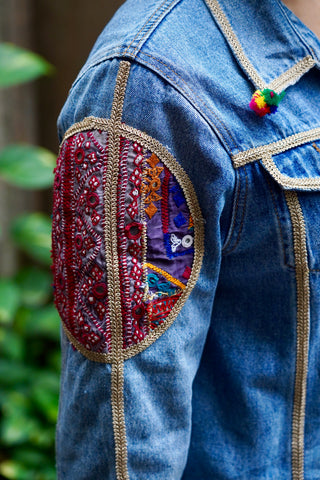 Two Patchwork Moons Zari Denim Jacket | Durga Pujo & Navratri Special Hasrat Gully Drop