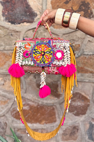 Aamna | Hand Embroidered Mirrorwork Duffel with Strap
