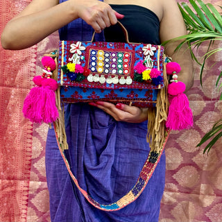 Neela Aasmaan Mirrorwork Duffel with Mirrorwork Belt | Kutchi Vintage Mirrorwork Duffels