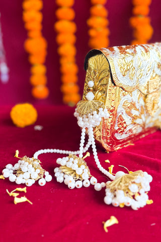 The Chandi Moti Naqashi Bag | Brass Gold-Silver Metallic Bag with Pearl & Gota Strings