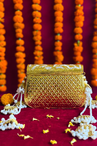 The Chandi Moti Naqashi Bag | Brass Gold-Silver Metallic Bag with Pearl & Gota Strings