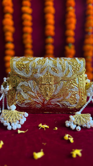 The Chandi Moti Naqashi Bag | Brass Gold-Silver Metallic Bag with Pearl & Gota Strings