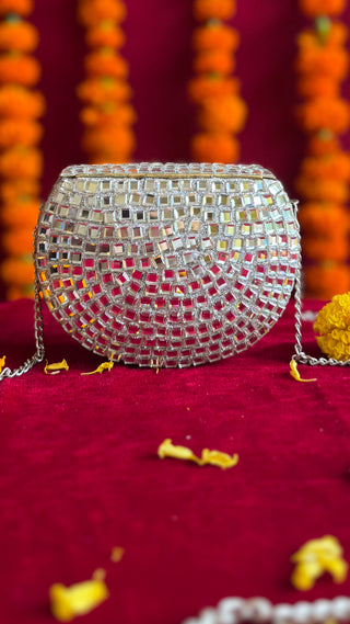 The Aaina Mirrorwork Clutch | Handcrafted Brass Bag with Mirrorwork