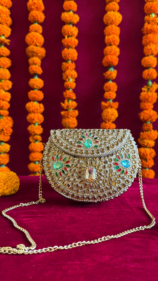The Rangnoor Gold Hued Clutch | Handcrafted Brass Mirrorwork Clutch