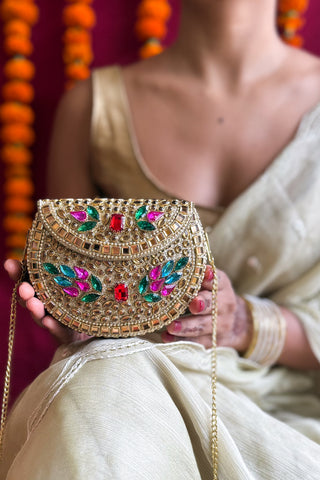 The Maharani Gold Hued Clutch | Handcrafted Brass Mirrorwork Clutch