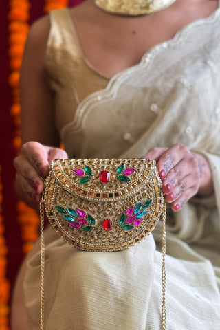 The Maharani Gold Hued Clutch | Handcrafted Brass Mirrorwork Clutch
