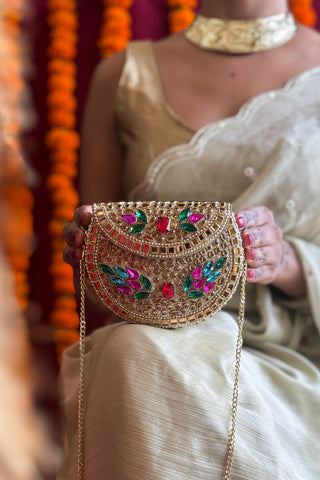 The Maharani Gold Hued Clutch | Handcrafted Brass Mirrorwork Clutch
