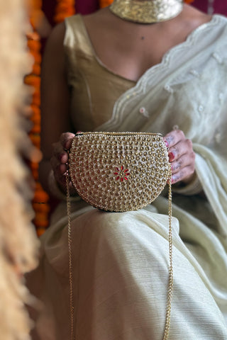 The Rangpari Gold Hued Clutch | Handcrafted Brass Mirrorwork Clutch