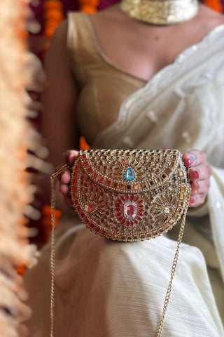 The Rangpari Gold Hued Clutch | Handcrafted Brass Mirrorwork Clutch