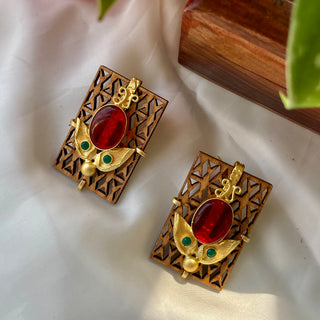Mehrvash | Rectangular Red & Green Stone Earrings| Sanobar - Wooden Jewellery