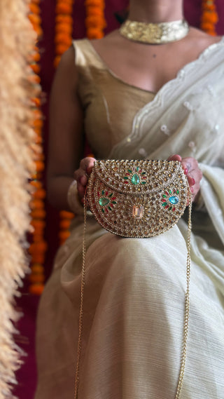 The Rangnoor Gold Hued Clutch | Handcrafted Brass Mirrorwork Clutch