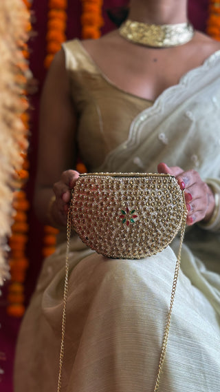 The Rangnoor Gold Hued Clutch | Handcrafted Brass Mirrorwork Clutch