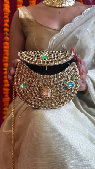 The Rangnoor Gold Hued Clutch | Handcrafted Brass Mirrorwork Clutch