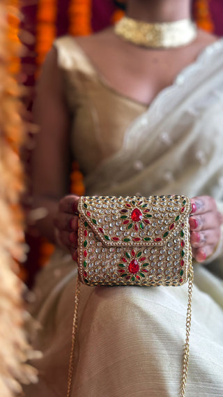 The Lal Sitaara Mirrowork Clutch | Handcrafted Brass Bag with Mirrorwork