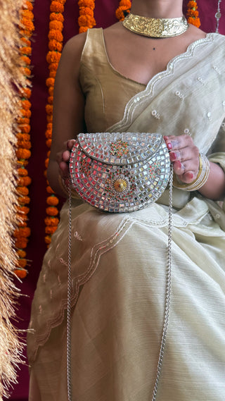 The Aaina Mirrorwork Clutch | Handcrafted Brass Bag with Mirrorwork