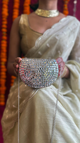 The Aaina Mirrorwork Clutch | Handcrafted Brass Bag with Mirrorwork