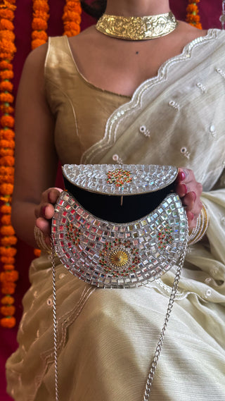 The Aaina Mirrorwork Clutch | Handcrafted Brass Bag with Mirrorwork