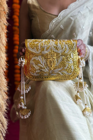 The Chandi Moti Naqashi Bag | Brass Gold-Silver Metallic Bag with Pearl & Gota Strings