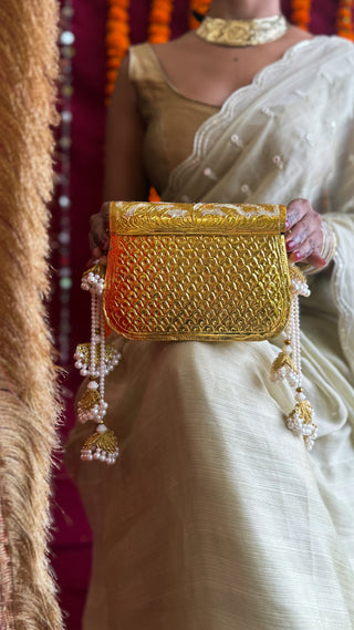 The Chandi Moti Naqashi Bag | Brass Gold-Silver Metallic Bag with Pearl & Gota Strings