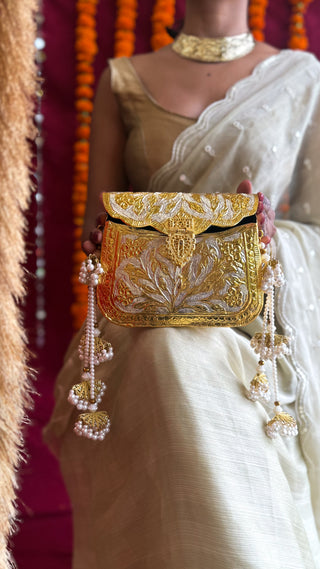 The Chandi Moti Naqashi Bag | Brass Gold-Silver Metallic Bag with Pearl & Gota Strings